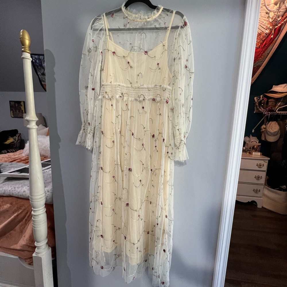 Lacey floral sheer cream dress SHEIN